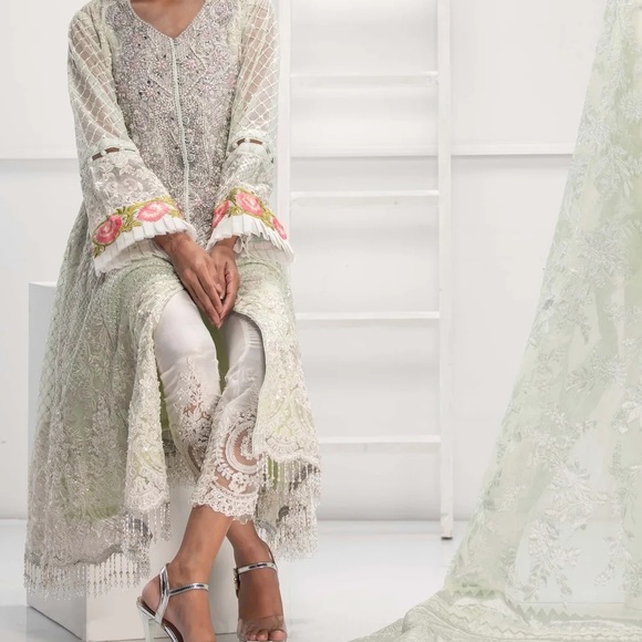 Designer 3 piece Pakistani formal wear light green, Rizwan Ahmed - Picture 2 of 10